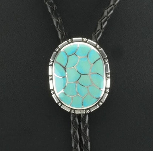 Zuni Turquoise Fish Scale Inlay Bolo Tie Native American Sterling Silver Blue Necklace