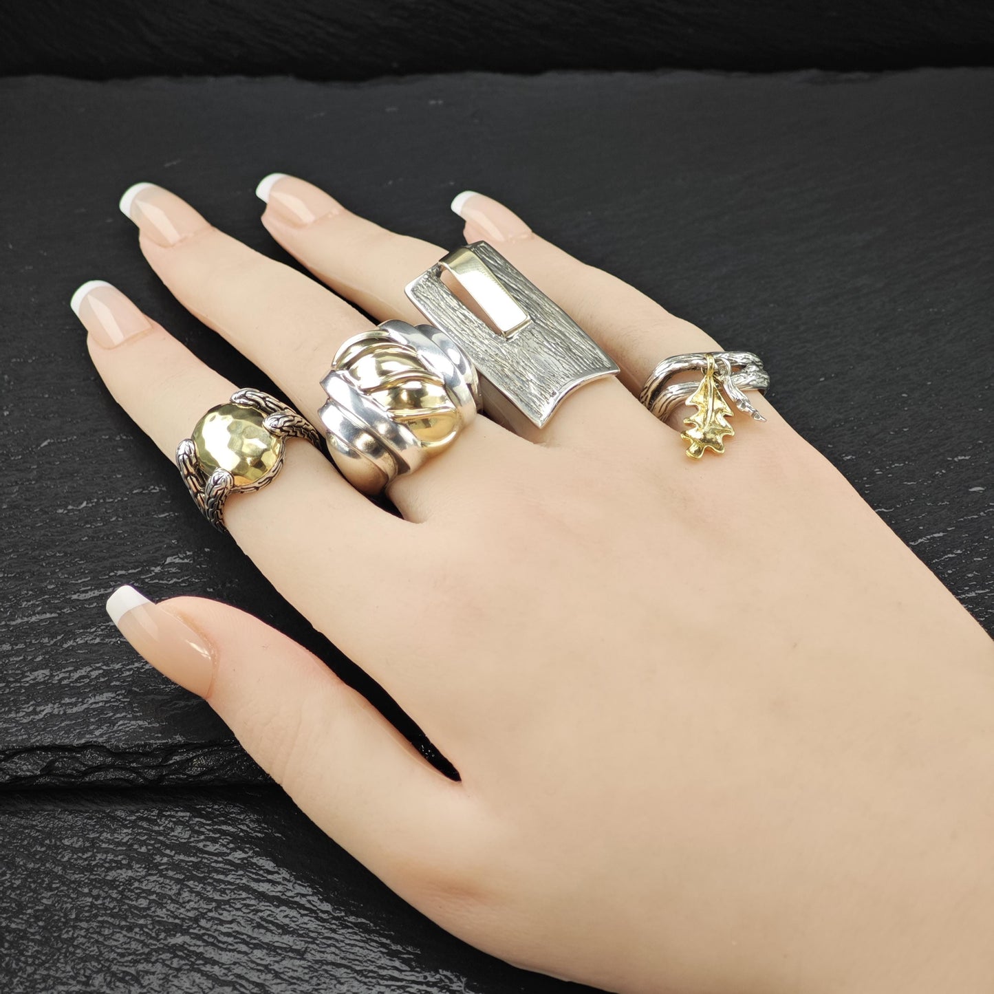 Abstract 14K Gold Accent Ring Sterling Silver Sz 7 R6017