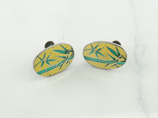 Enamel Bamboo Leaf Earrings Sterling Silver Screw Back/Clip On