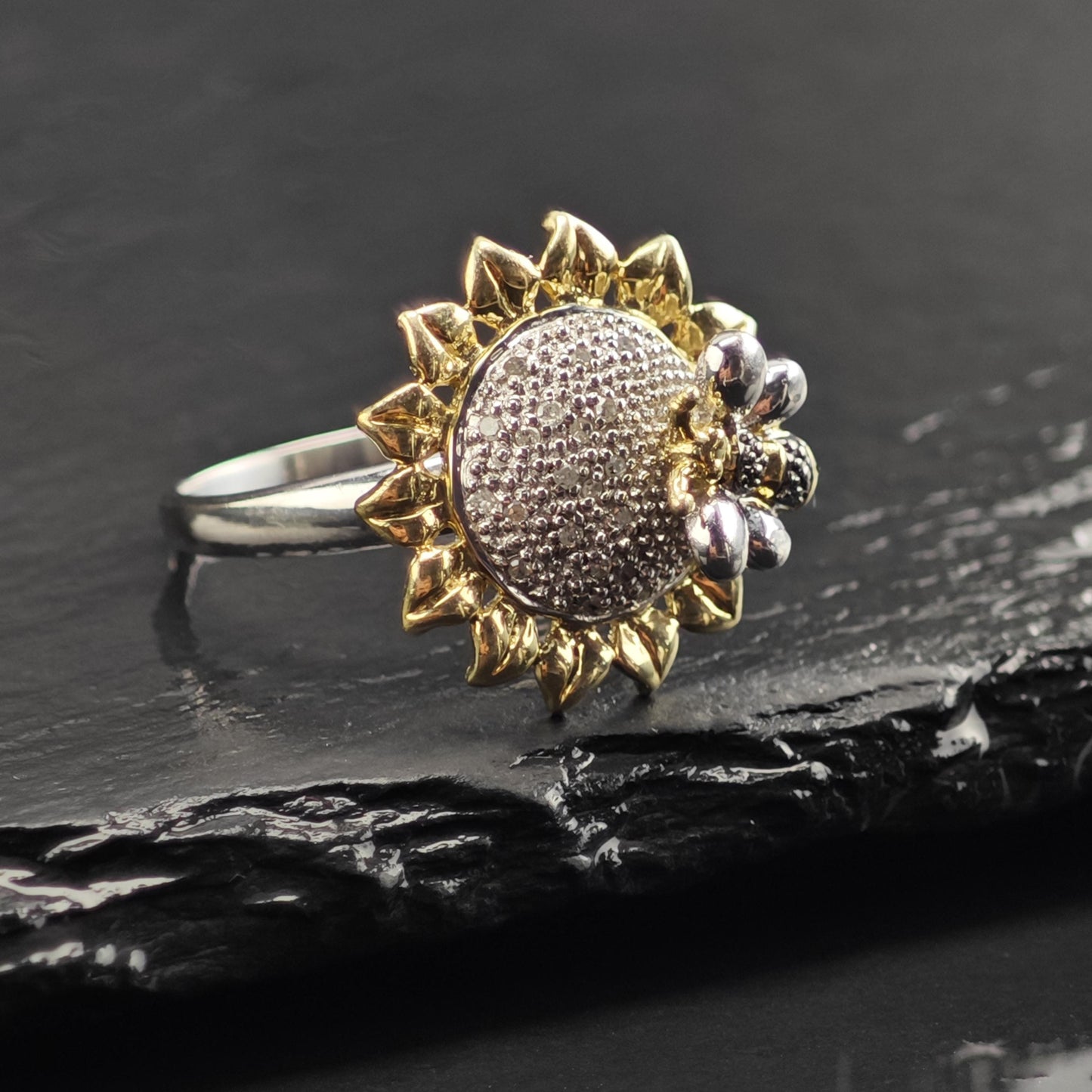 Diamond Flower Bee Gold-Plated Accent Sterling Silver Ring Sz 8 3/4 R6734