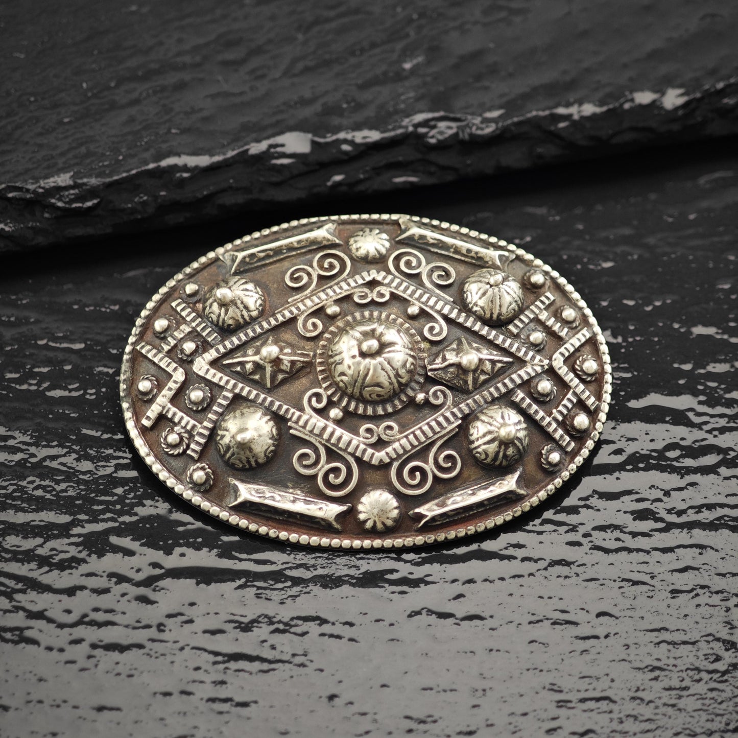 Vintage Tribal Sterling Silver Oval Brooch Unique Artisan Jewelry