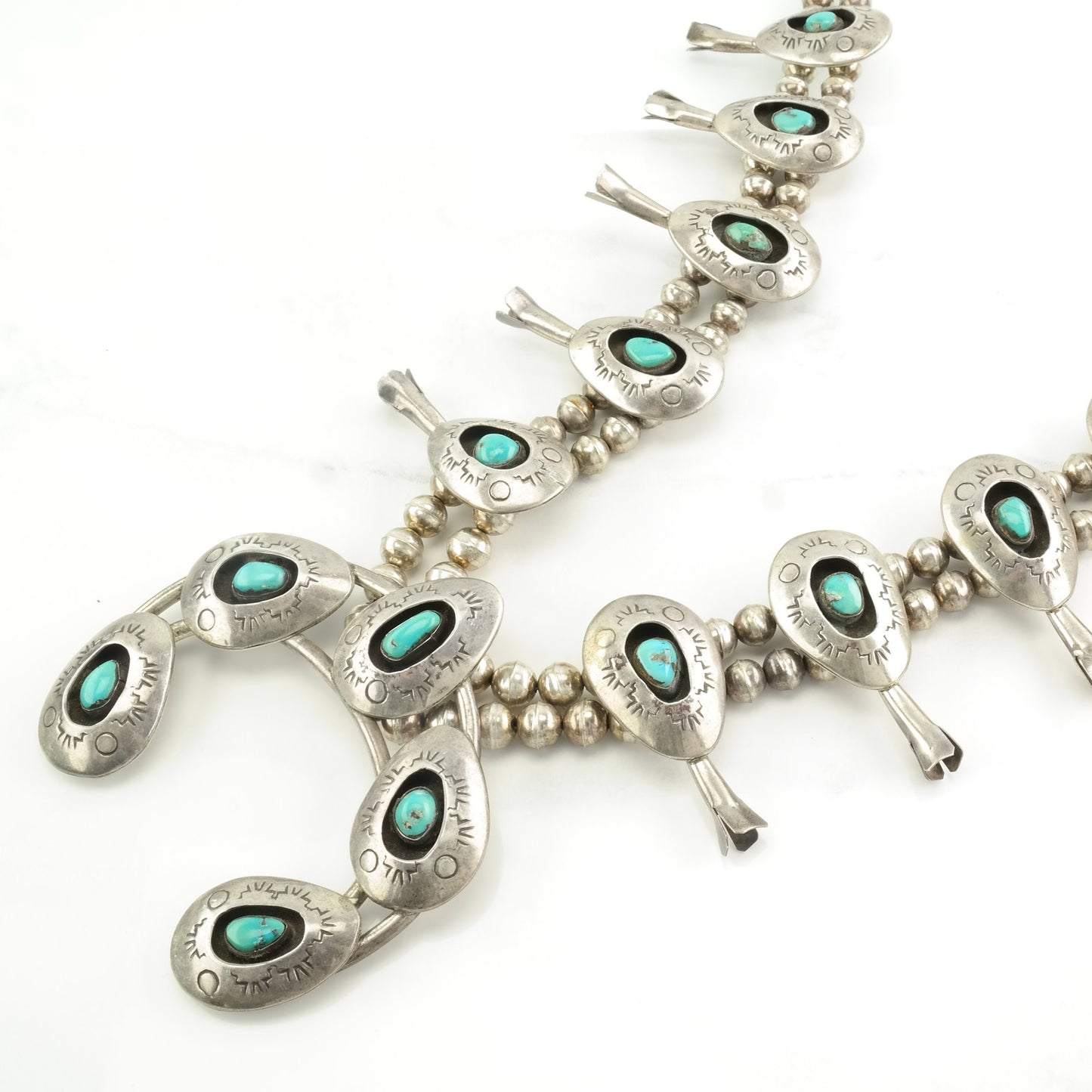 Native American Sterling Silver Blue Turquoise Stamped, Shadow Box Necklace