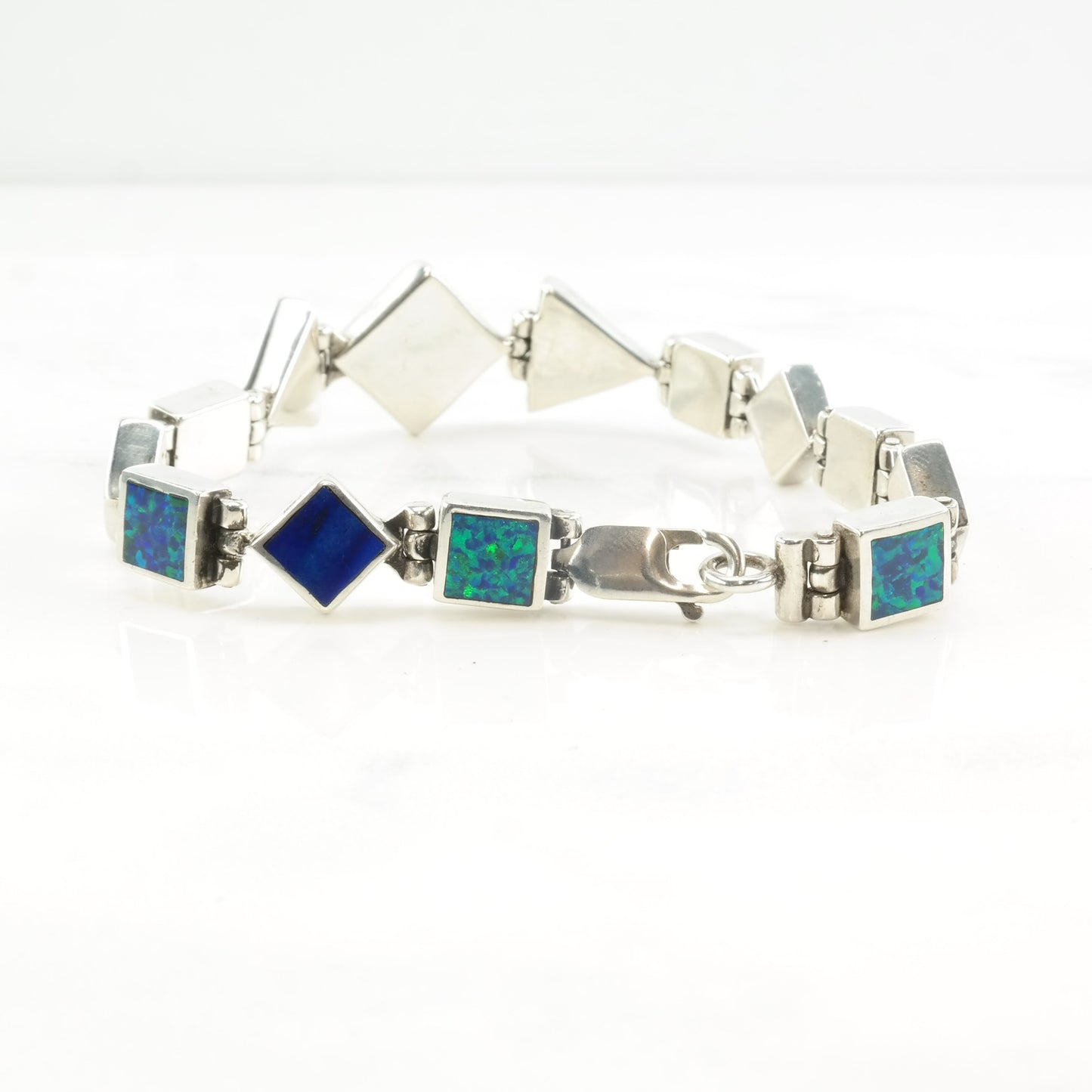 Southwest Sterling Silver Link Bracelet Sparkling Lapis Lazuli Lab Opal Inlay Geometric