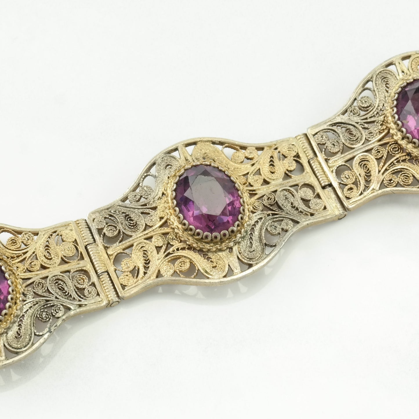 European Sterling Silver Link Bracelet Purple Amethyst Filigree