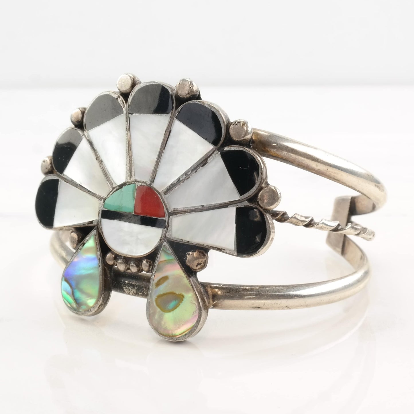 Native American Sterling Silver Gemstone Sun Inlay Cuff Bracelet