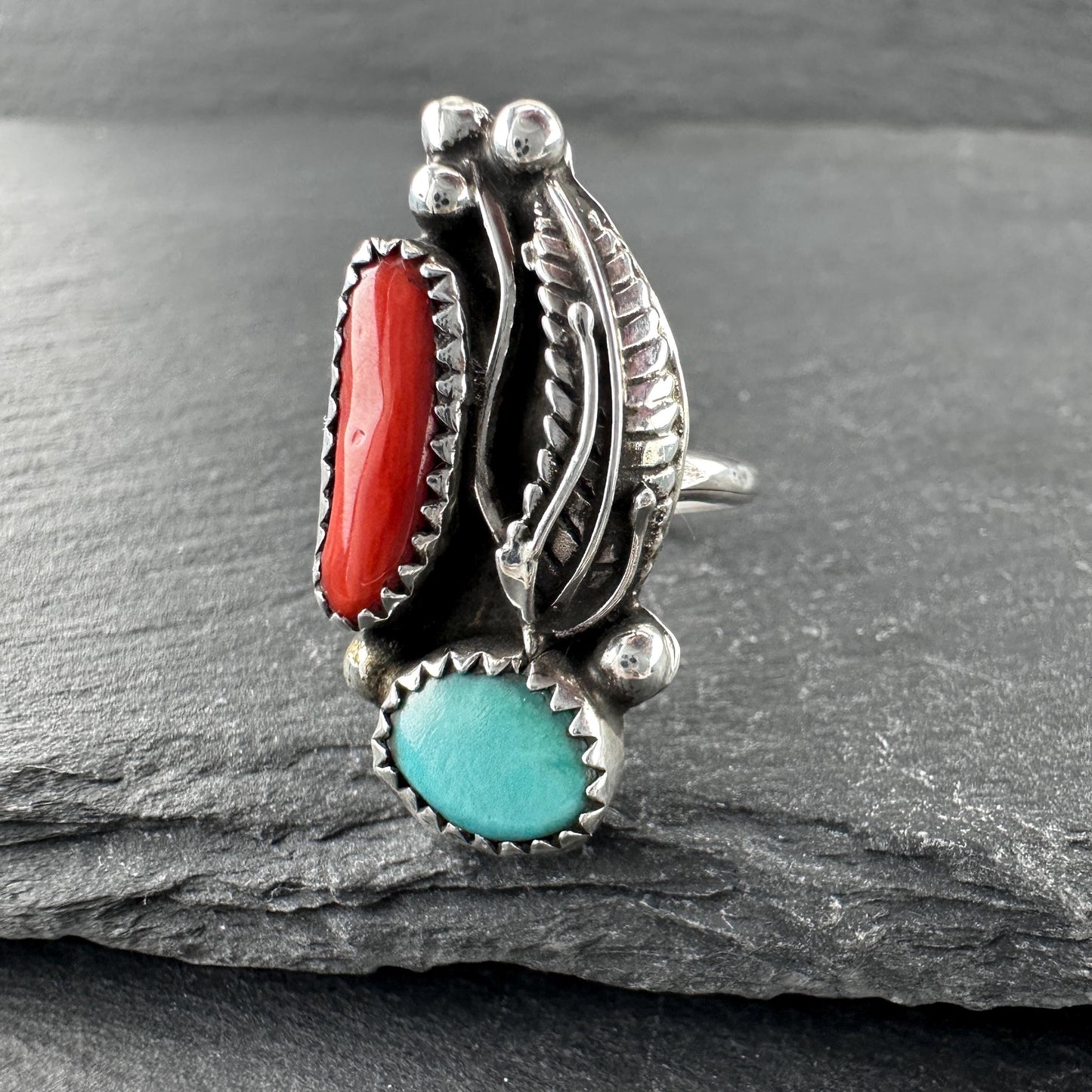 Native American, Coral, Turquoise Ring Sterling Silver