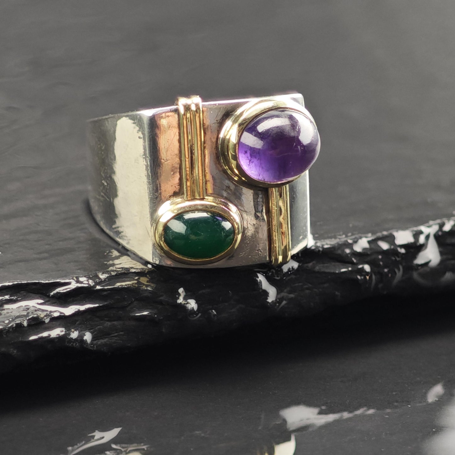 Amethyst Chrysoprase Cabochon 14k Gold Accents Sterling Silver Ring Sz 8 1/4 R6726