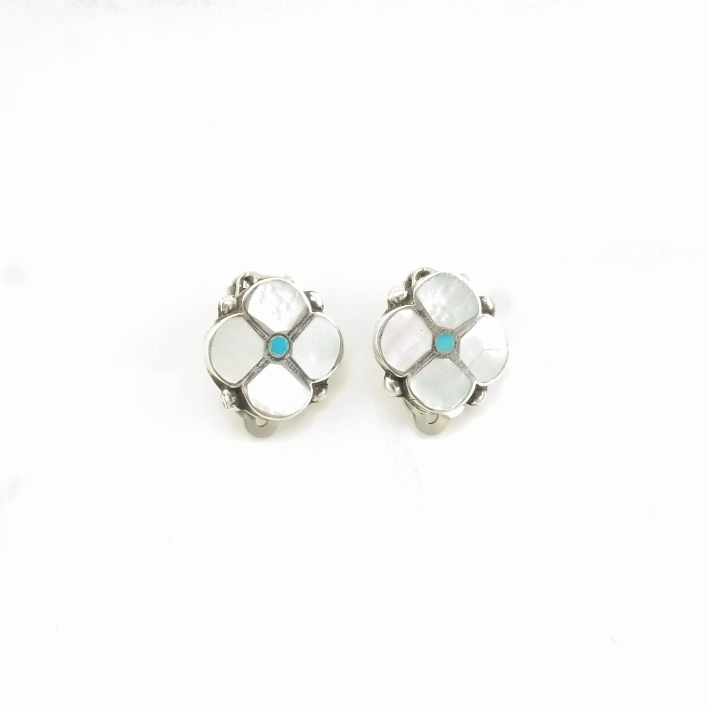 Native American Sterling Silver Iridescent, Blue MOP, Turquoise Floral Inlay Earrings Clip on