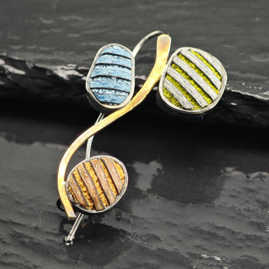 Artisan Abstract, Gold Accent Multicolor Carved Stones Sterling Silver Brooch B2253