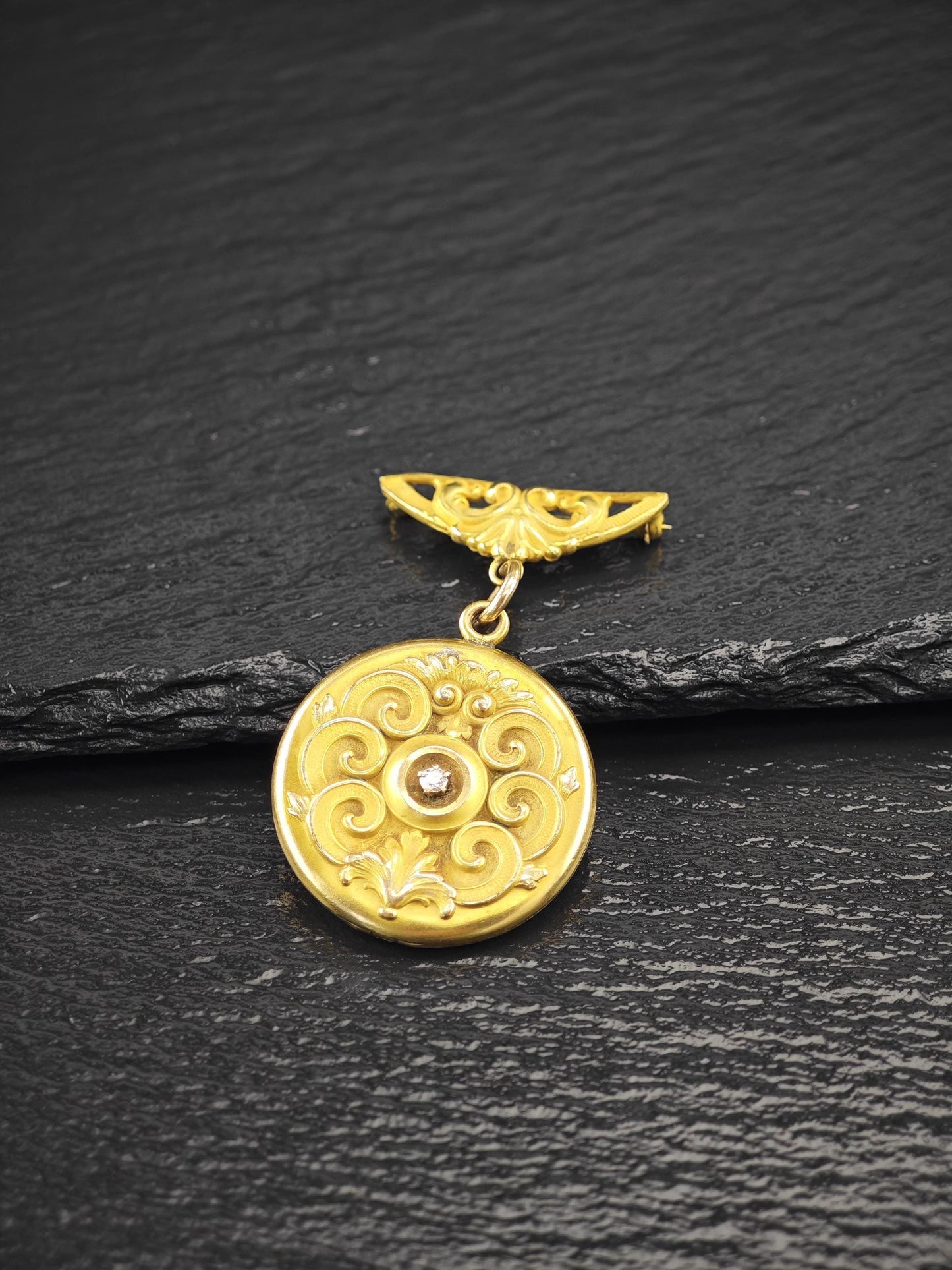 Art Nouveau Monogram Locket, Gold Diamond Brooch