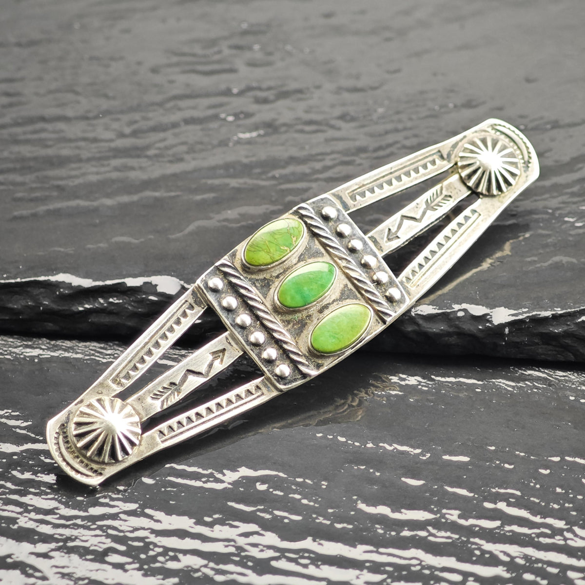 Fred Harvey Era Green Turquoise Stamped Sterling Silver Brooch B2271