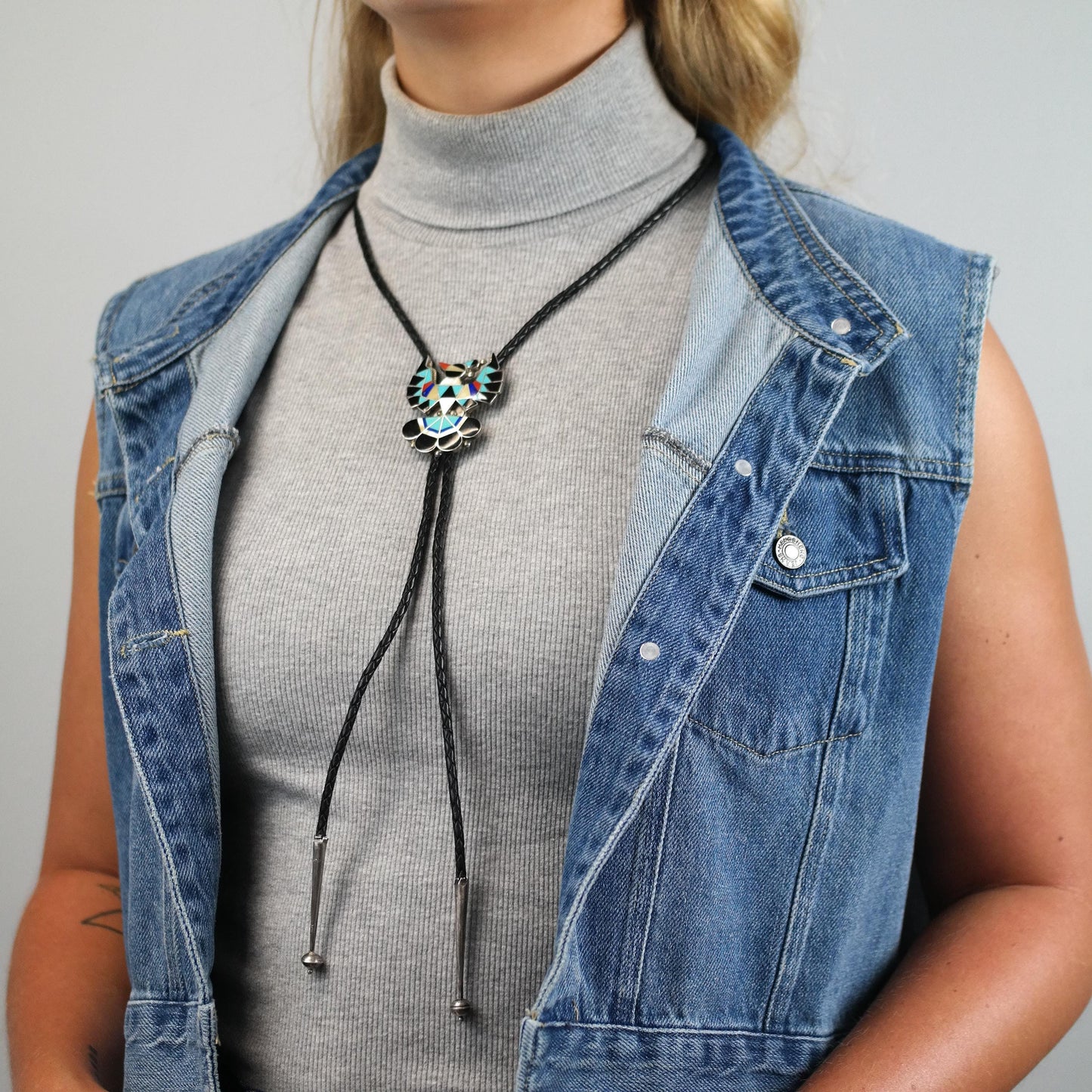 Vintage Native American Sterling Silver, Inlay Thunderbird Bolo Tie Necklace N2744