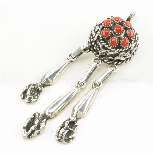 Vintage Zuni Coral Floral Sterling Silver Pendant