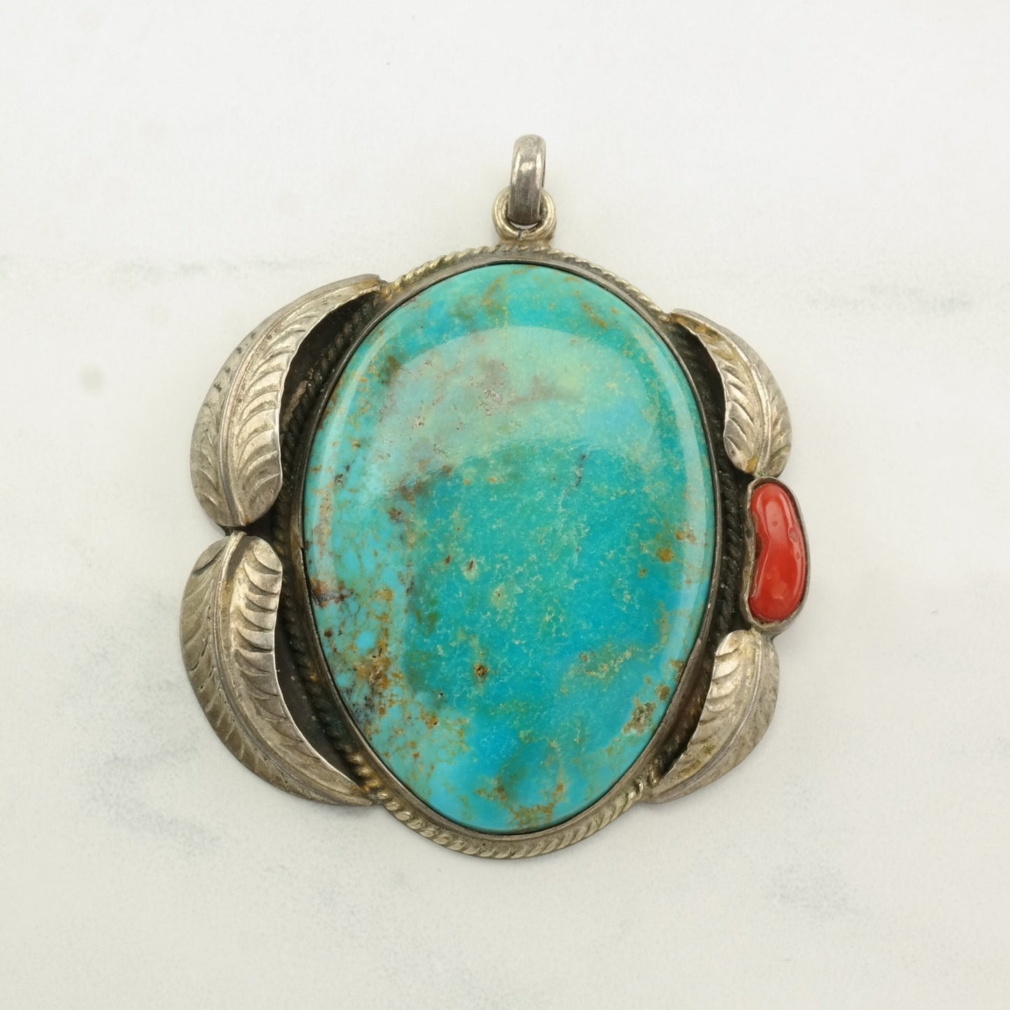 Sw Turquoise, Coral Feather Sterling Silver Pendant P2268