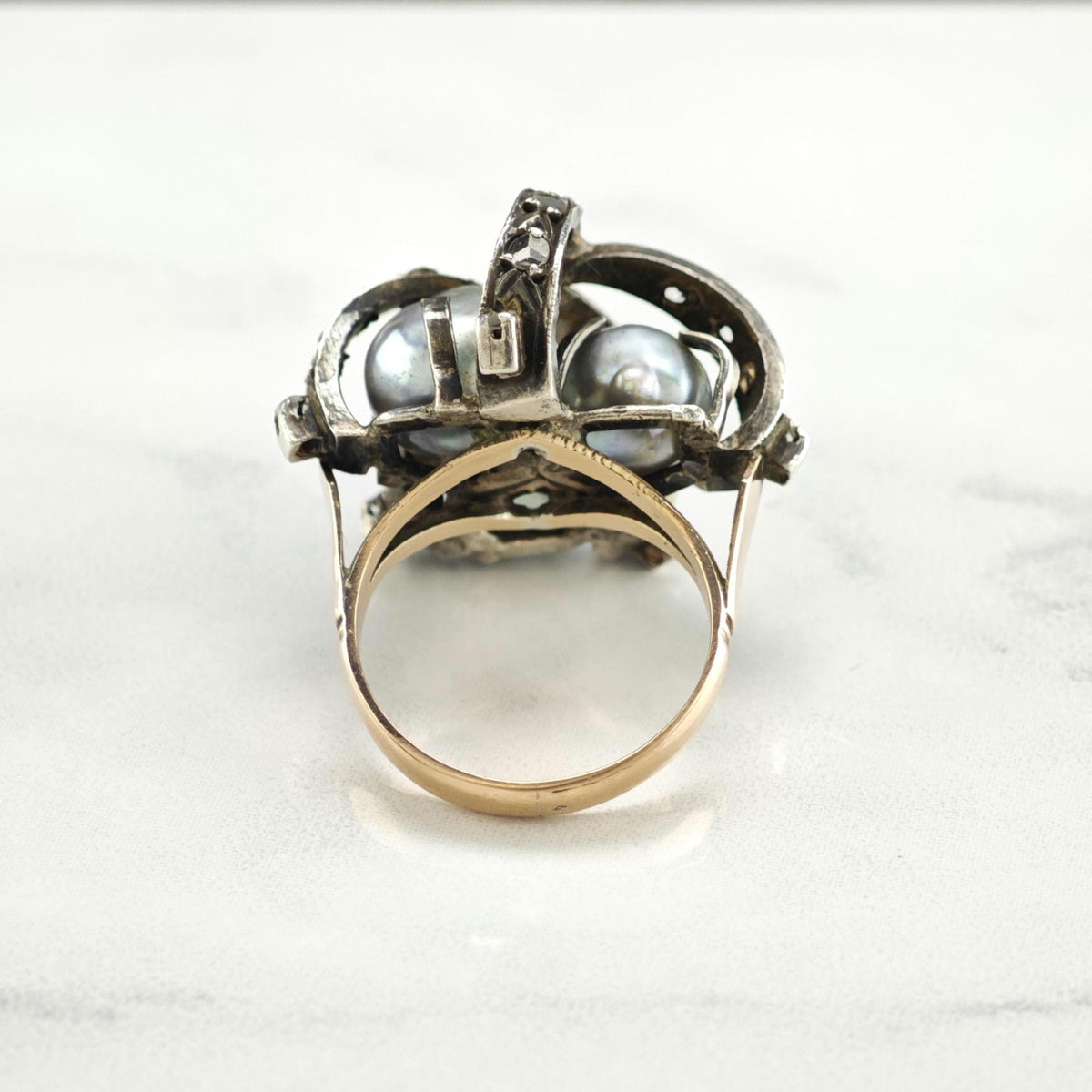 Mid-Century Rosecut Diamond, Pearl 10K Gold & Silver Ring Sz 6 R6775