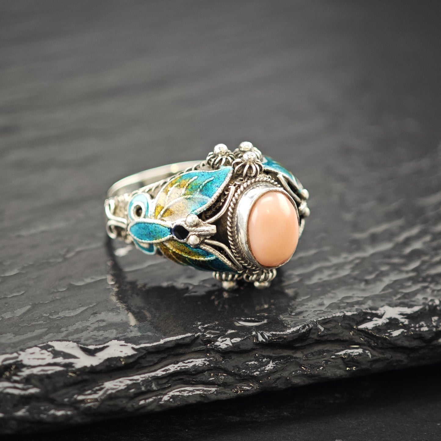 Chinese Export Enamel Butterfly Ring Sterling Silver Size 6