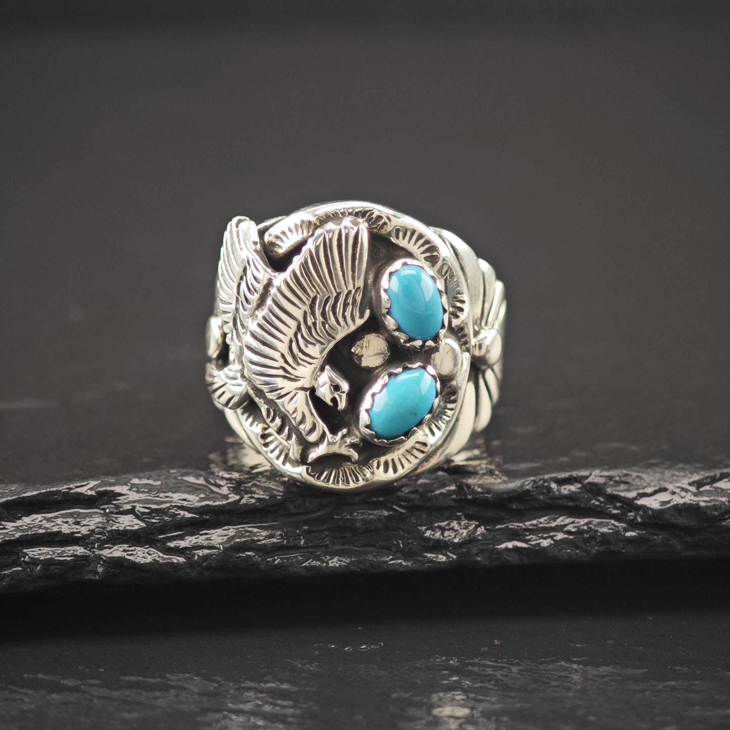 Native American Eagle Block Turquoise Ring Sterling Silver