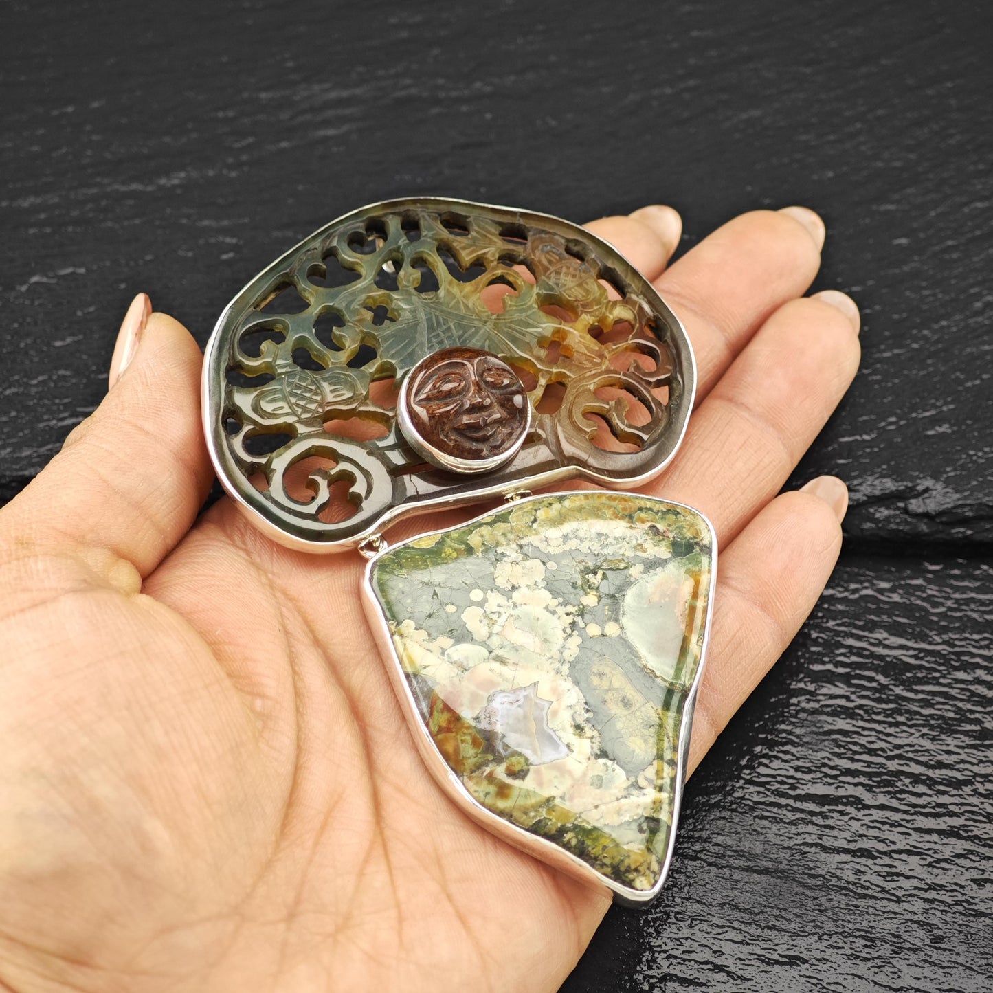 AKR Sterling Silver Brooch Pendant Carved Multi-color Averturine Jasper B2145