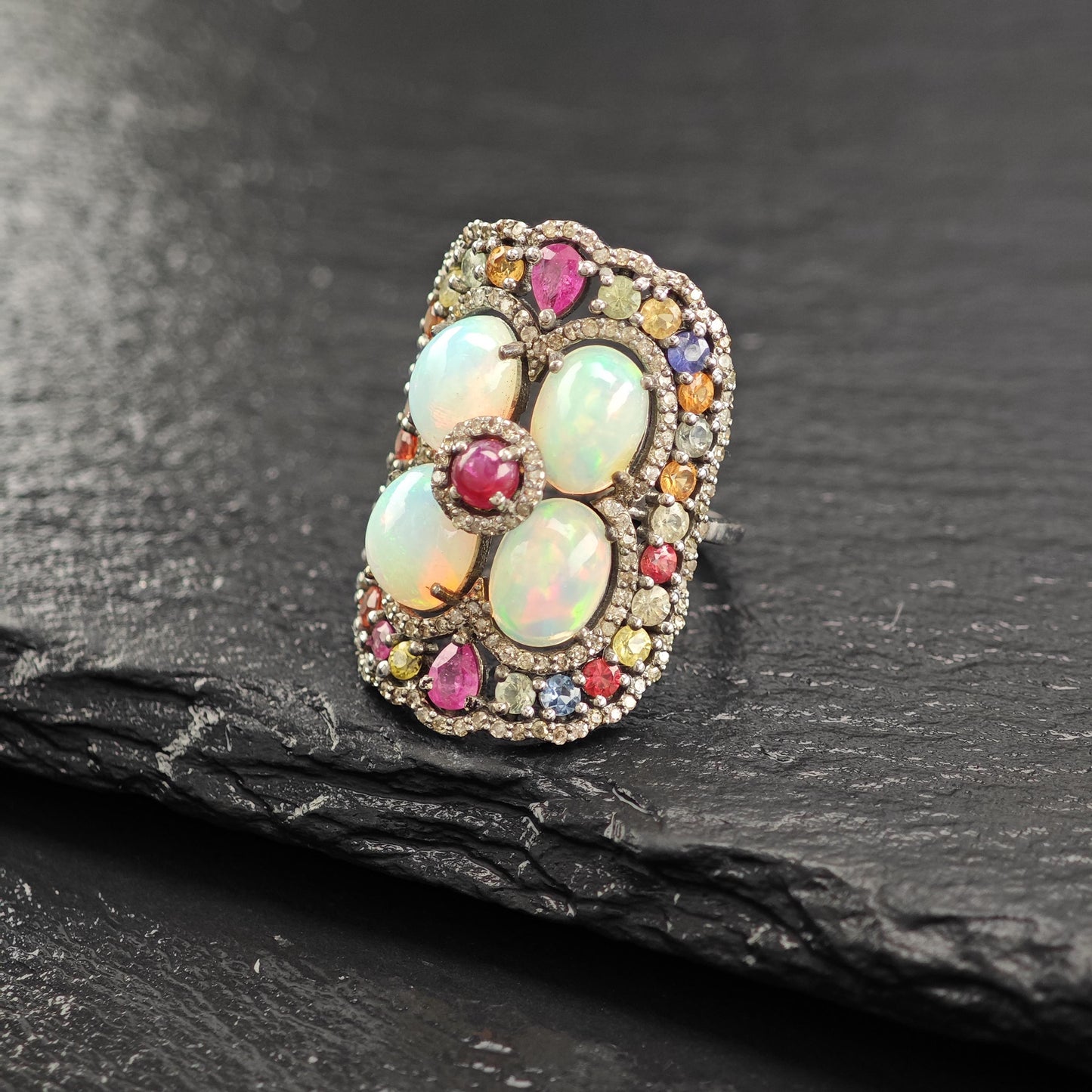 Oxidized Sterling Silver Ring with Ruby, Opal, Diamond, Sapphires