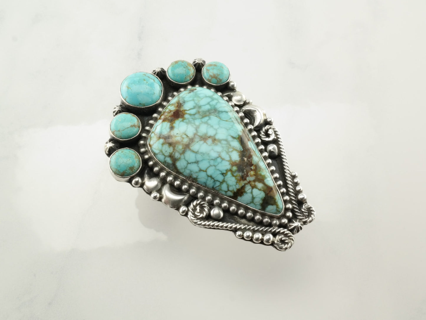 Southwest Large Ring #8 Turquoise Scroll Sterling Silver Size 9 1/4