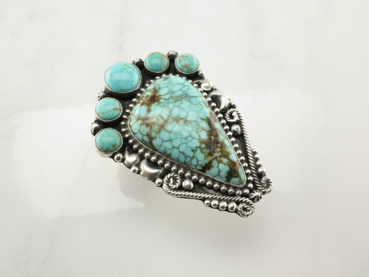 Vintage Southwest Large Ring #8 Turquoise Scroll Sterling Silver Size 9 1/4