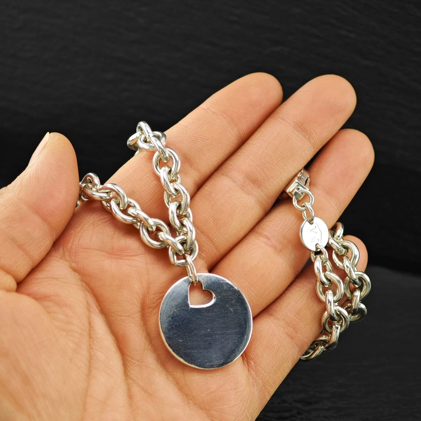 Movado Heart Shape Sterling Silver 8mm Curb Link Necklace 16" N2661