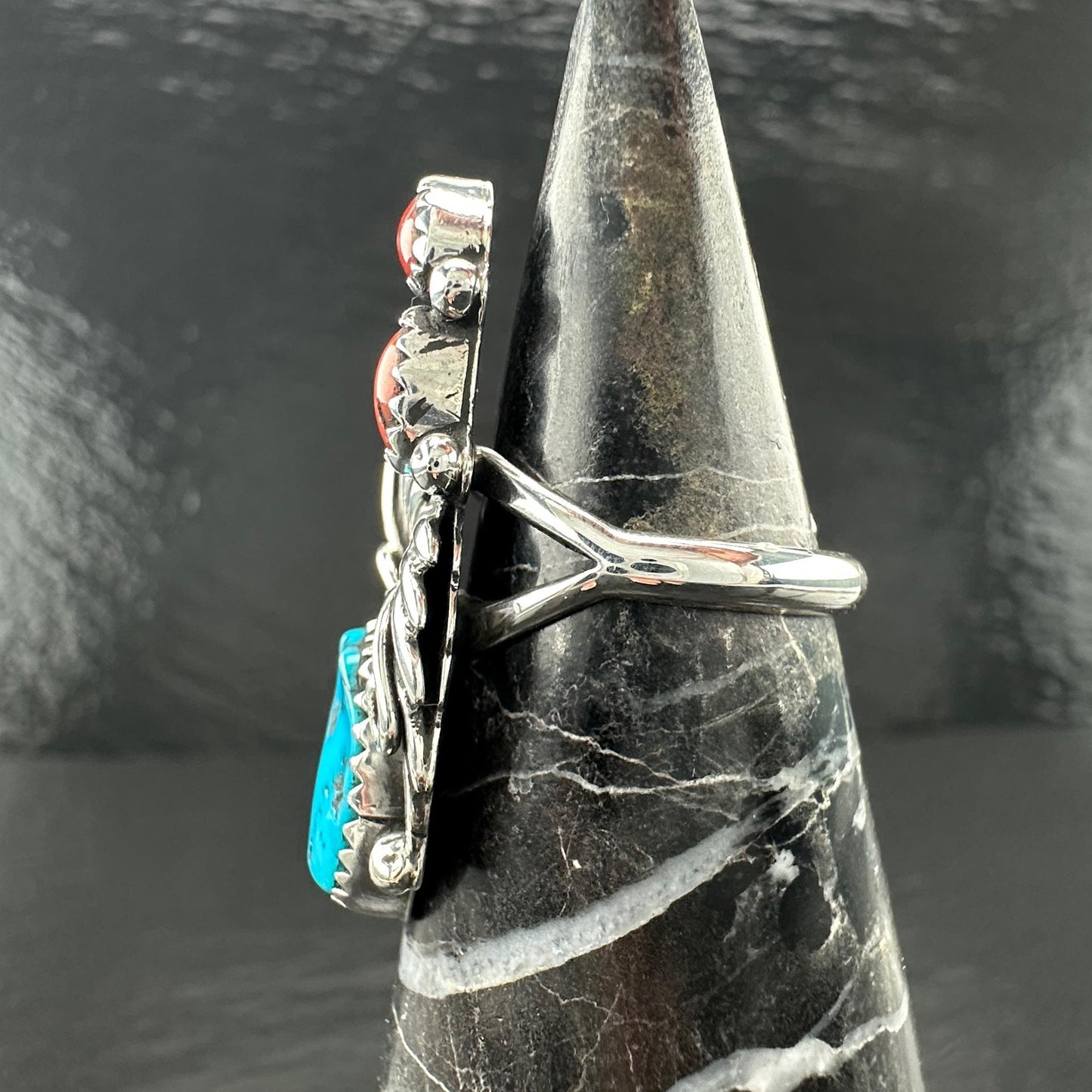 Native American Turquoise, Coral Ring Sterling Silver