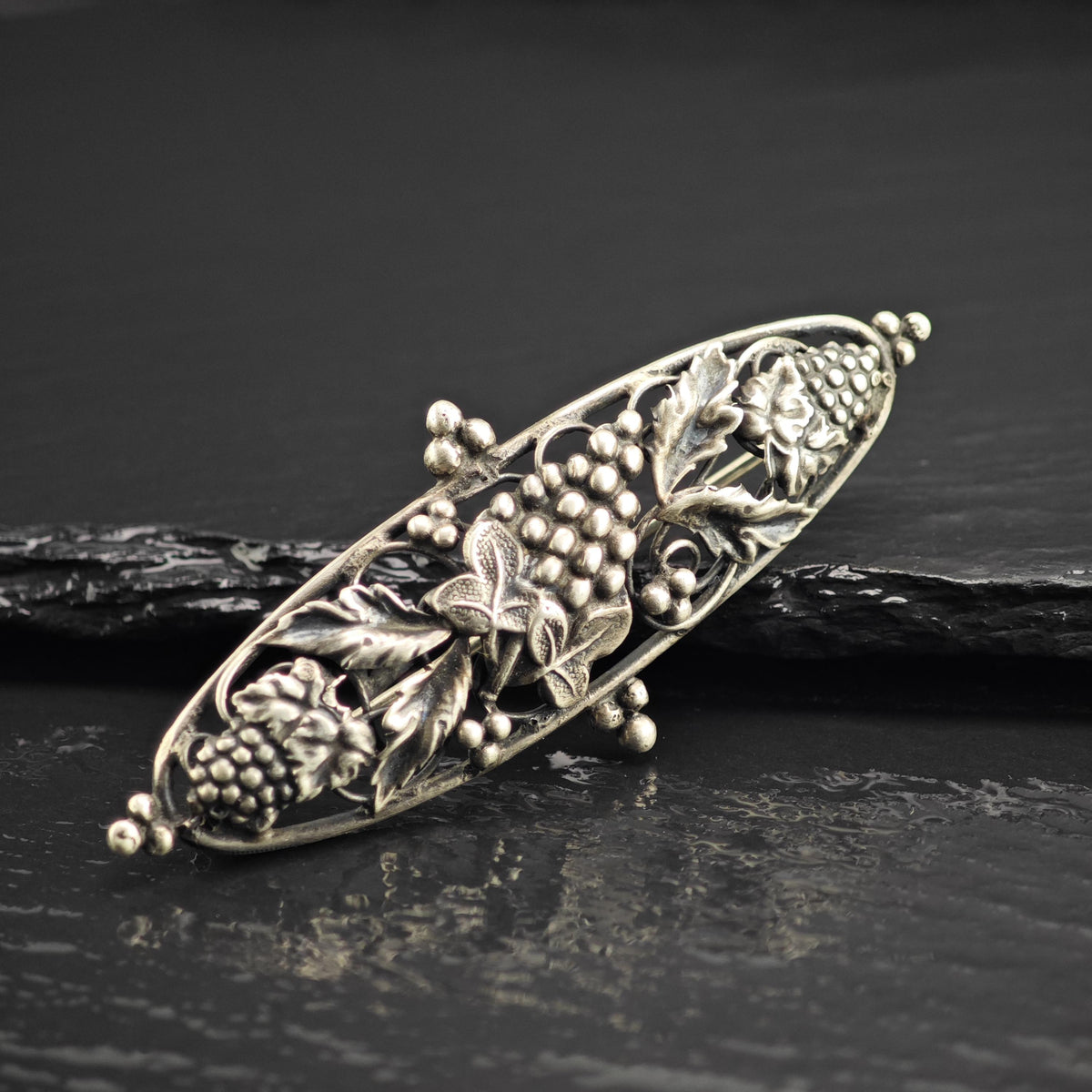 Mid-Century Grape Vine Sterling Silver Brooch B2235