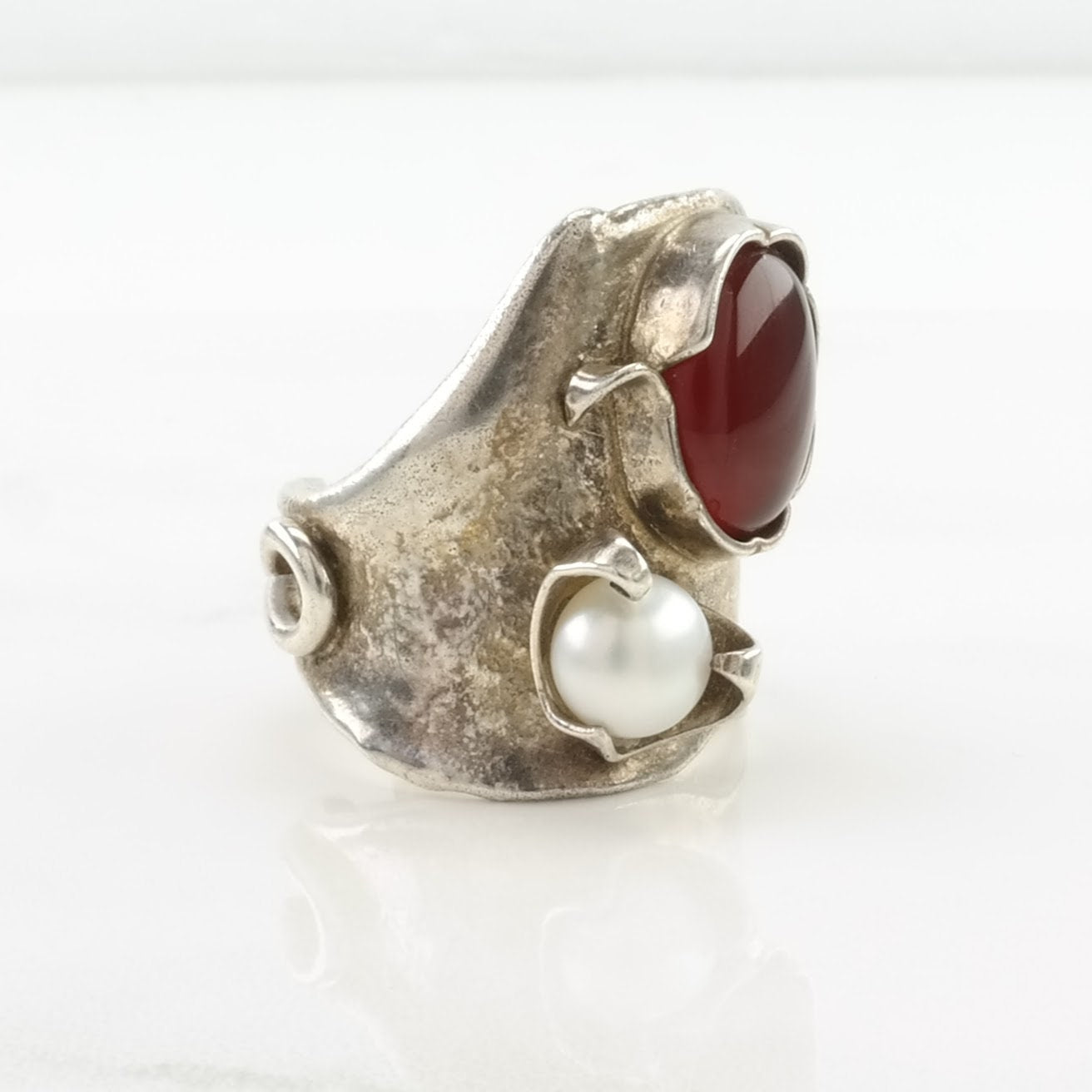 Buddy Lee Mossman Silver Ring Pearl, Carnelian Brutalist Sterling Size 9 1/4