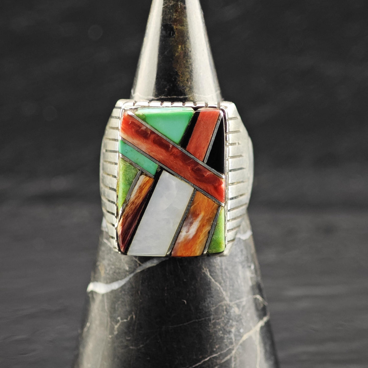 Navajo Multistone Inlay Rectangle Sterling Silver Ring Sz 13 R6862