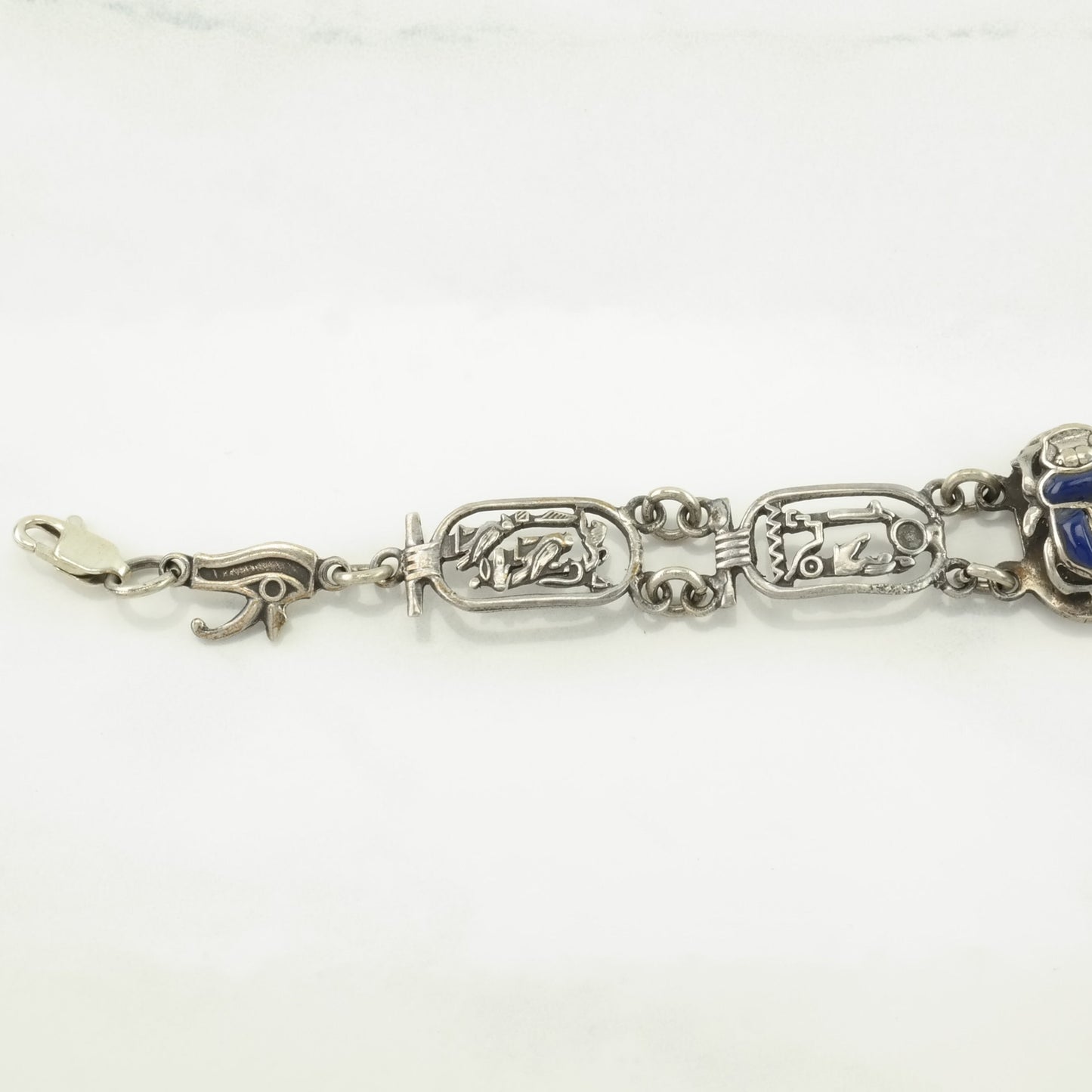 Archeological Revival Sterling Silver Link Bracelet Blue Enamel Scarab, Egyptian Themes