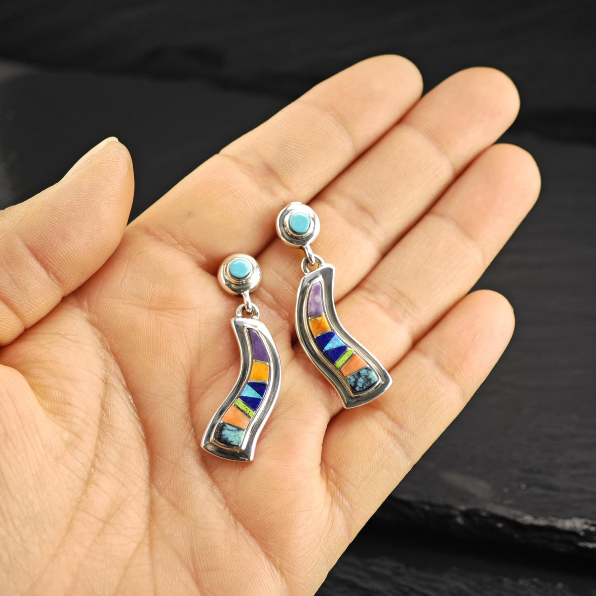 Vintage TSF Native American Multistone Inlay Sterling Silver Stud Earrings ER3219