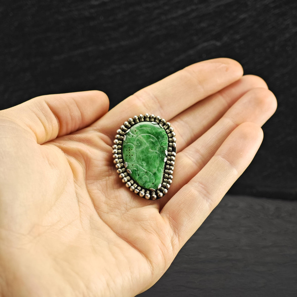 AS IS Carved Jadeite Jade Sterling Silver Fur Clip MISC0415