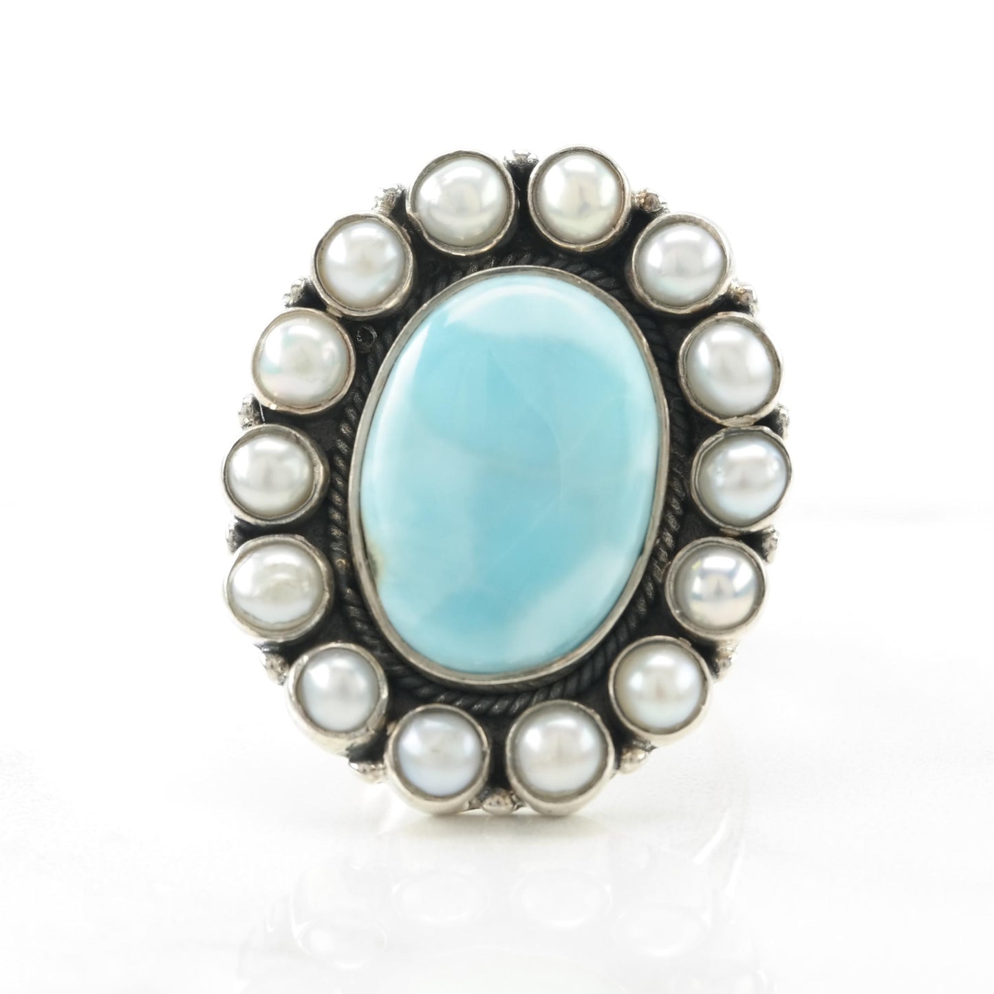 Vintage Large Sterling Silver Larimar Pearl Ring Adjustable