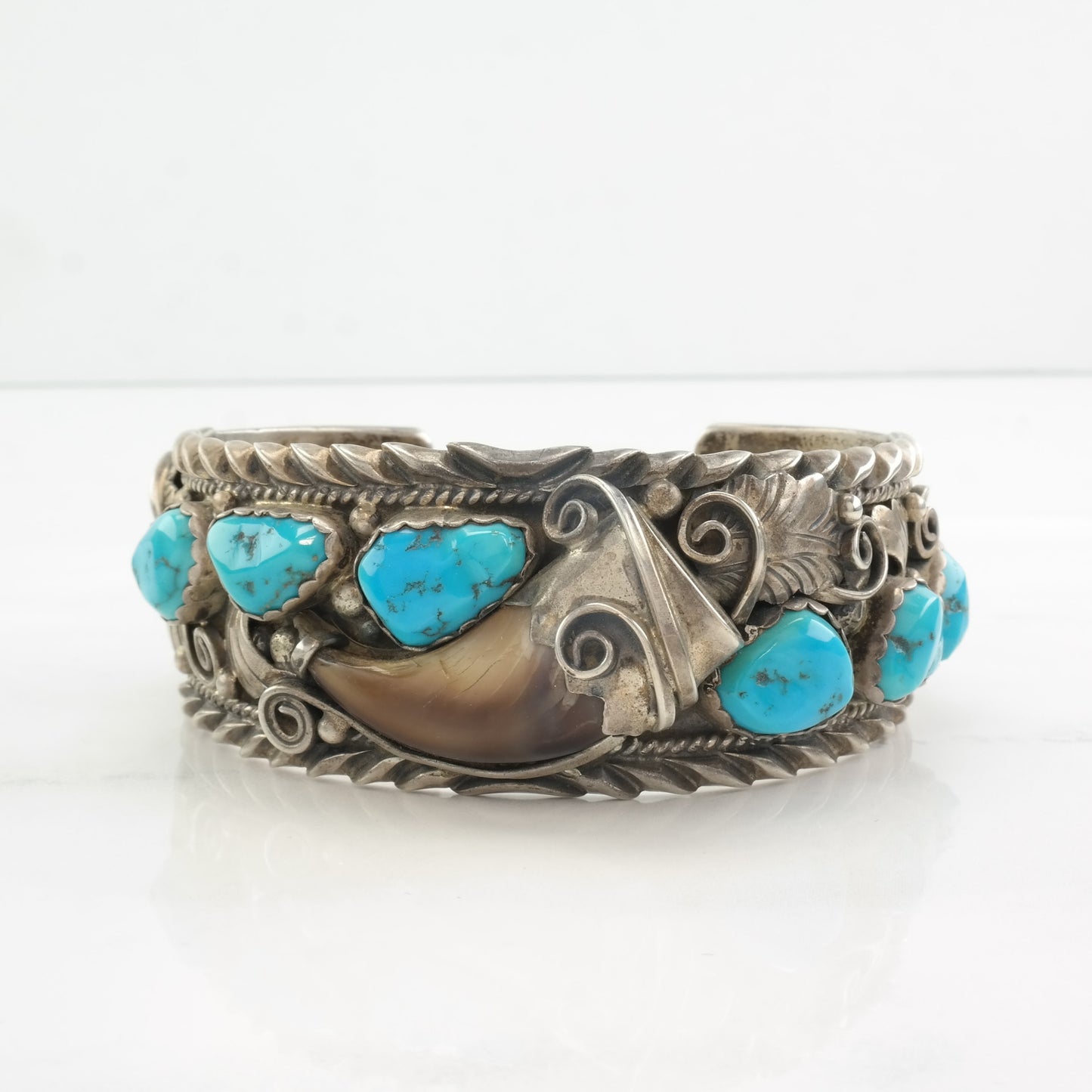 Native American Sterling Silver Cuff Bracelet Blue Turquoise Floral, Feather