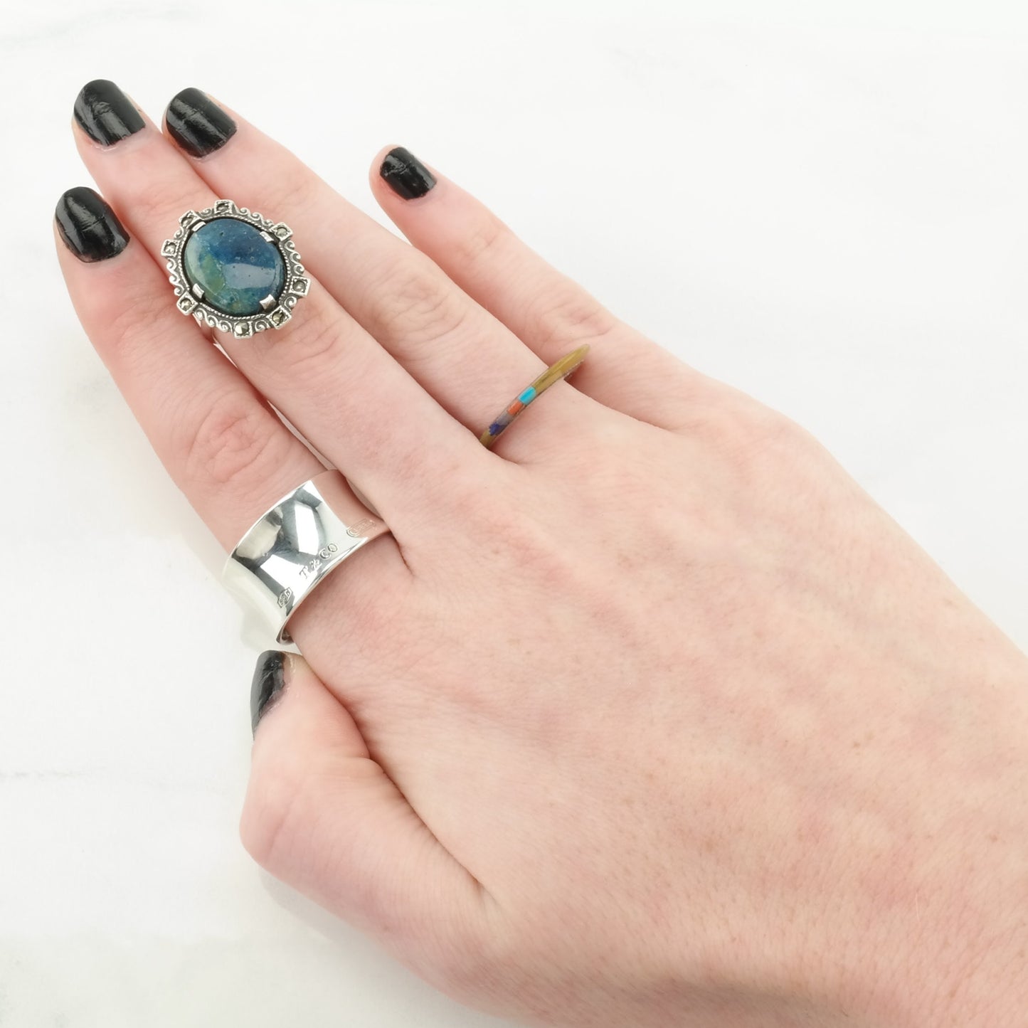 Art Deco Silver Ring Gemstone Marcasite Sterling Blue Size 3 1/2