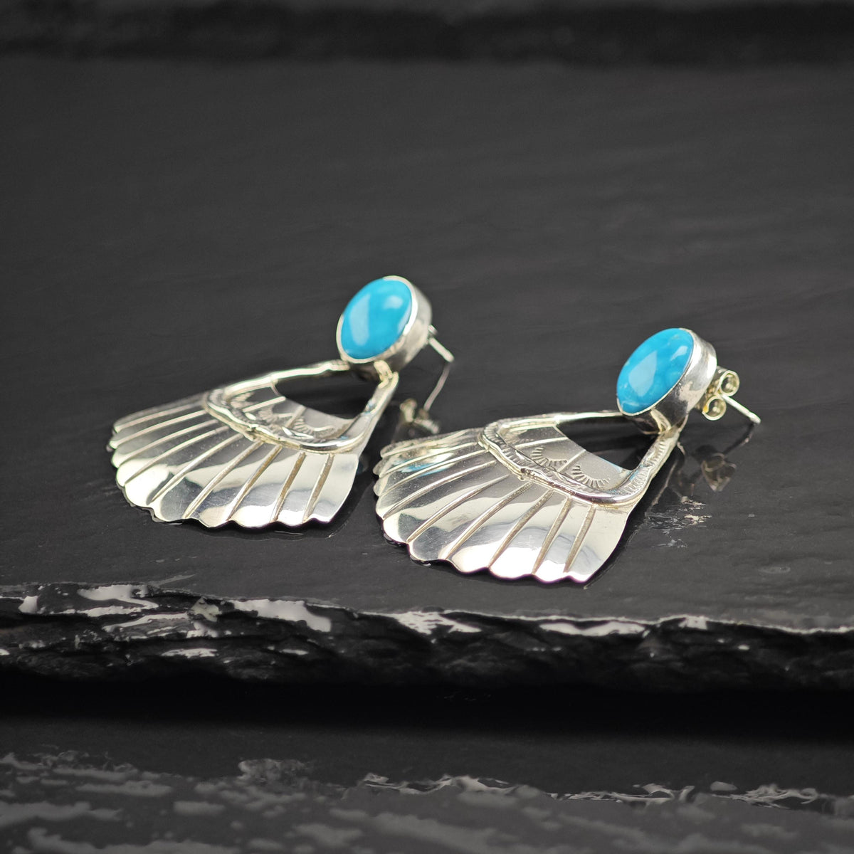 Running Bear Turquoise Fan Sterling Silver Dangle Stud Earrings ER3213