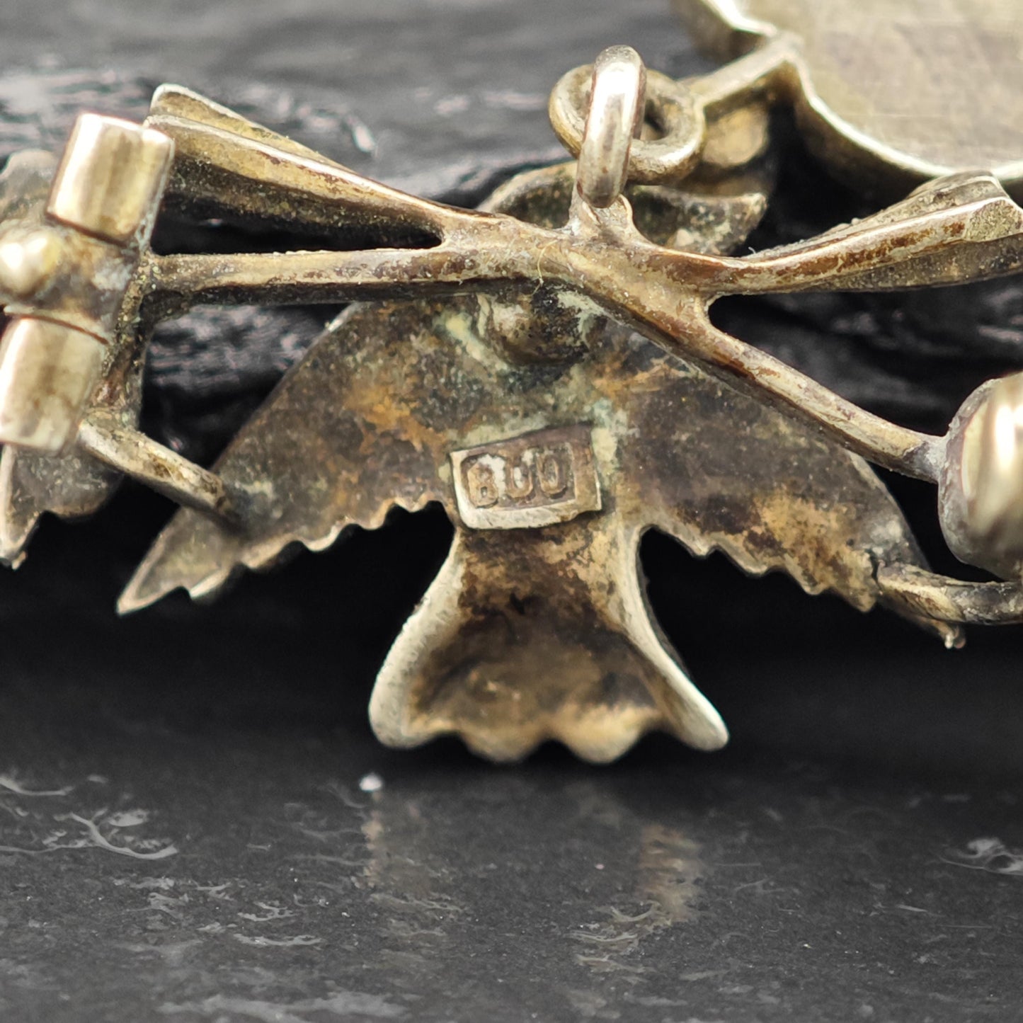 Victorian, Antique Bird, Heart Blue, Green Turquoise, Pink Ruby Brooch Sterling Silver