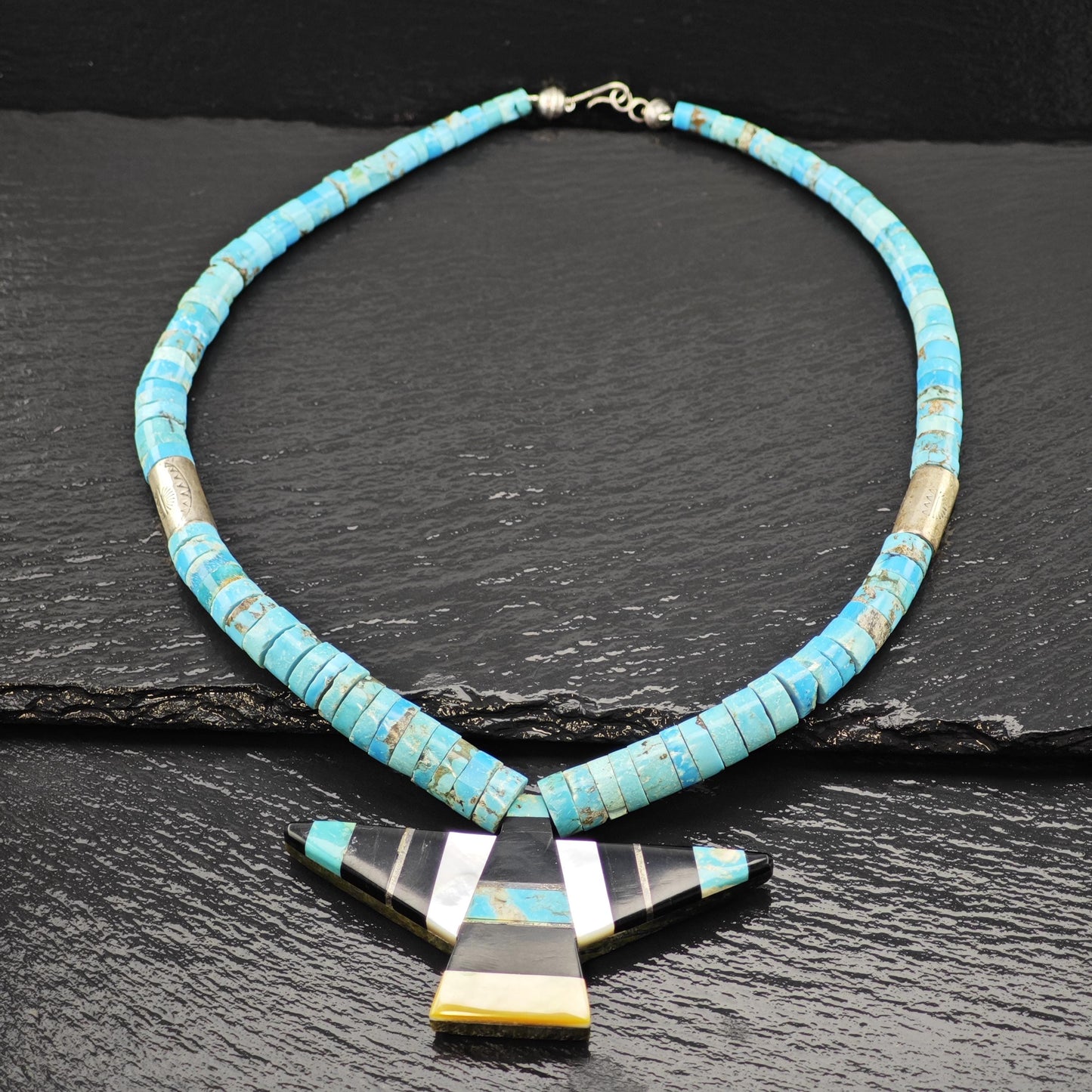 Native American Style Heishi Necklace Turquoise Onyx Graduated Beads 4.9-10.5mm N2665