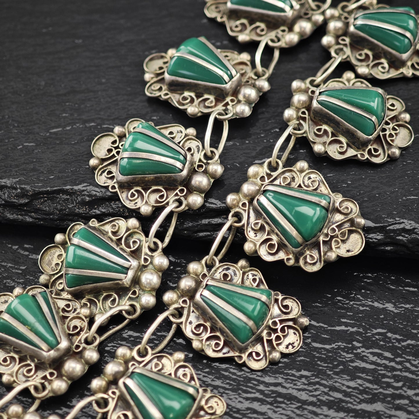 Sterling Silver Necklace: Taxco Green Onyx - Estate Jewelry