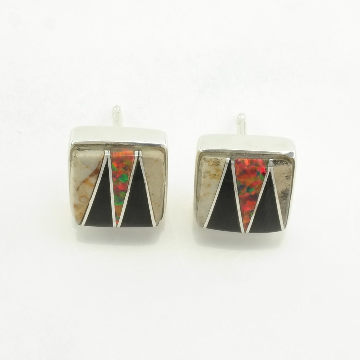 Sterling Silver Black Onyx, Lab Opal, Stone Inlay Earrings Stud