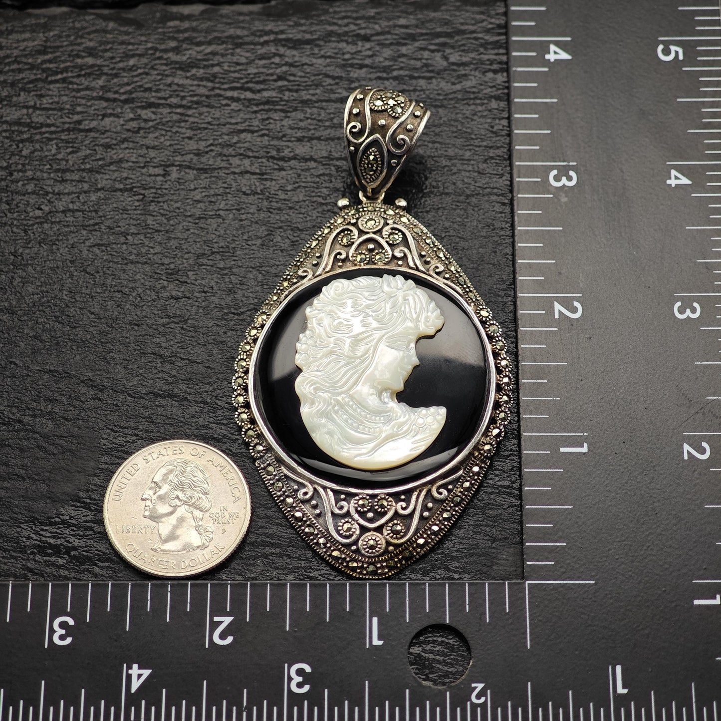 Cameo Pendant in Sterling Silver with MOP Onyx Marcasite P2755