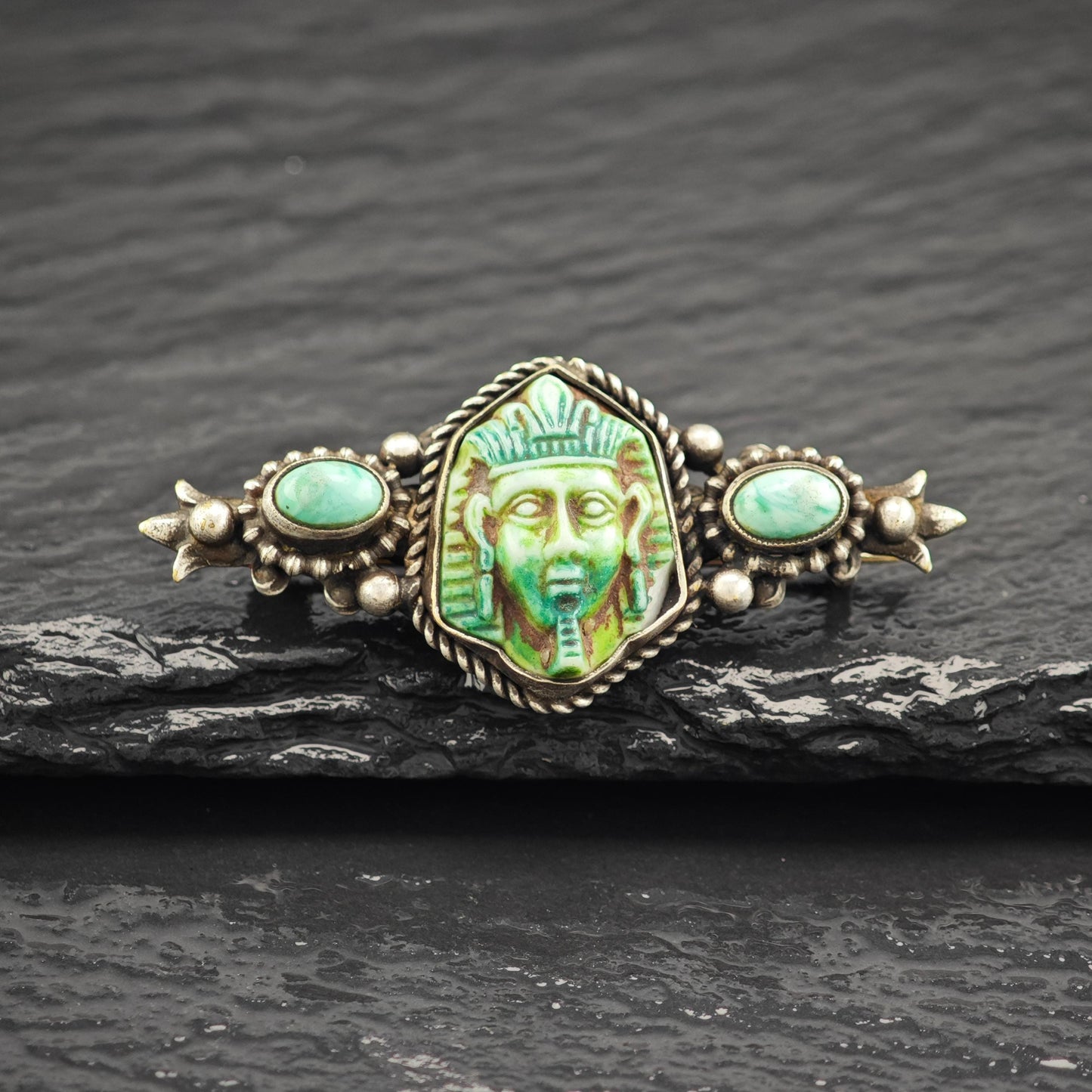 Egyptian Revival Green Turquoise Sterling Silver Brooch