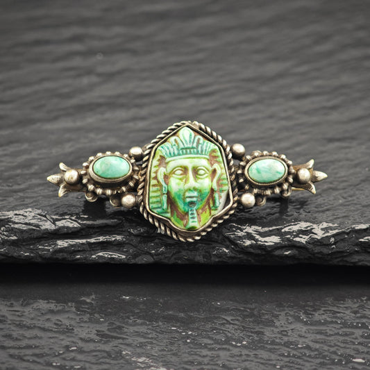 Egyptian Revival Green Turquoise Sterling Silver Brooch