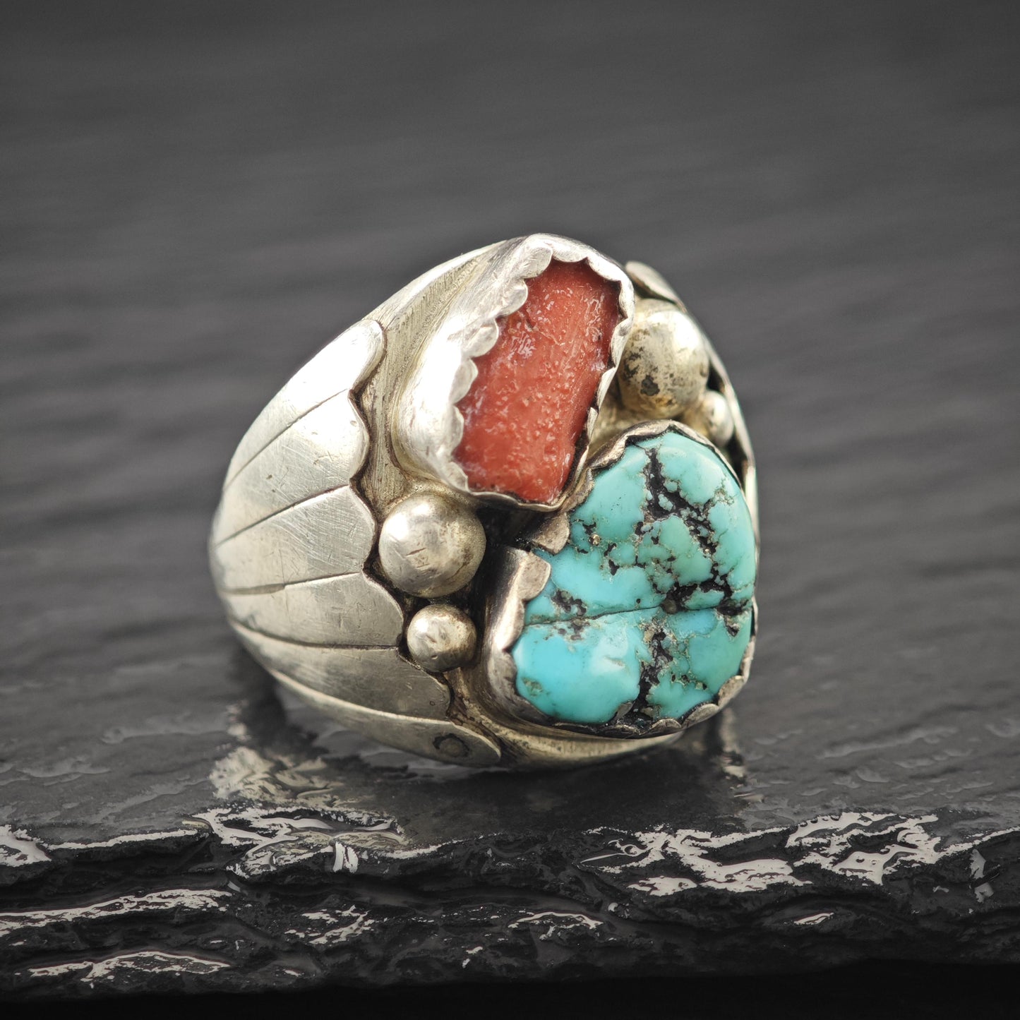 Native American Turquoise, Coral Ring Sterling Silver Size 9 3/4