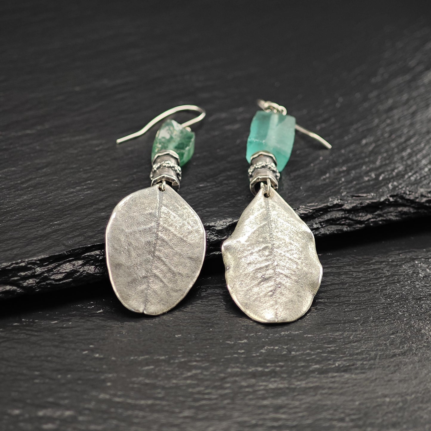 Vintage Green Sea Glass, Leaf Fish Hook Earrings Sterling Silver