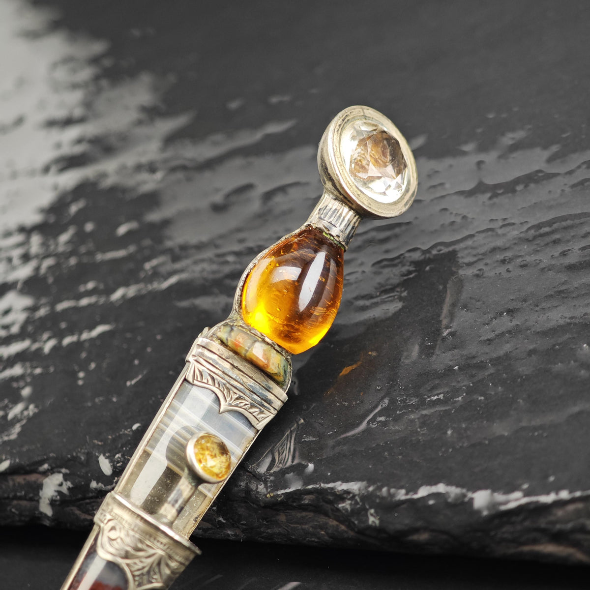 Scottish Agate, Citrine Spire Dirk Kilt Brooch Sterling Silver B2248