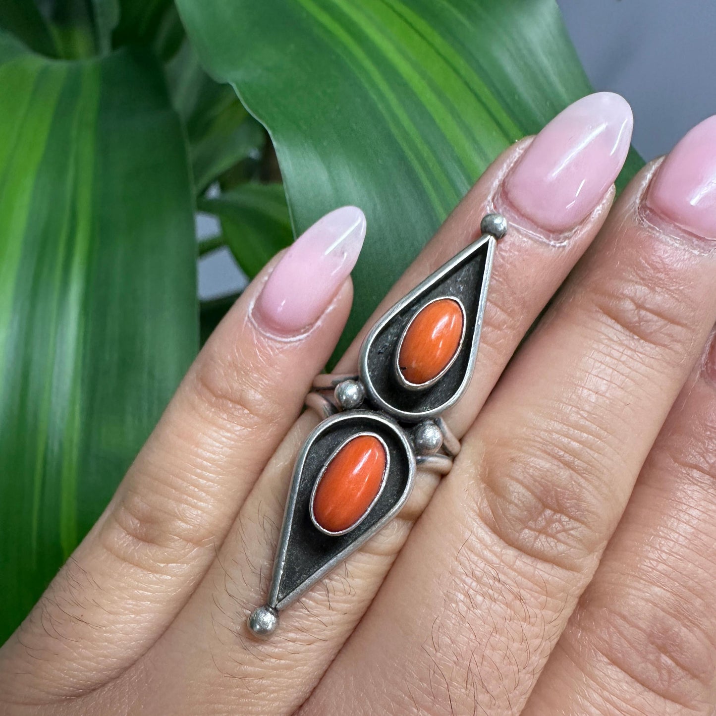Native Red Coral, Shadow Box, Long Sterling Silver Ring Sz5 3/4 R5574