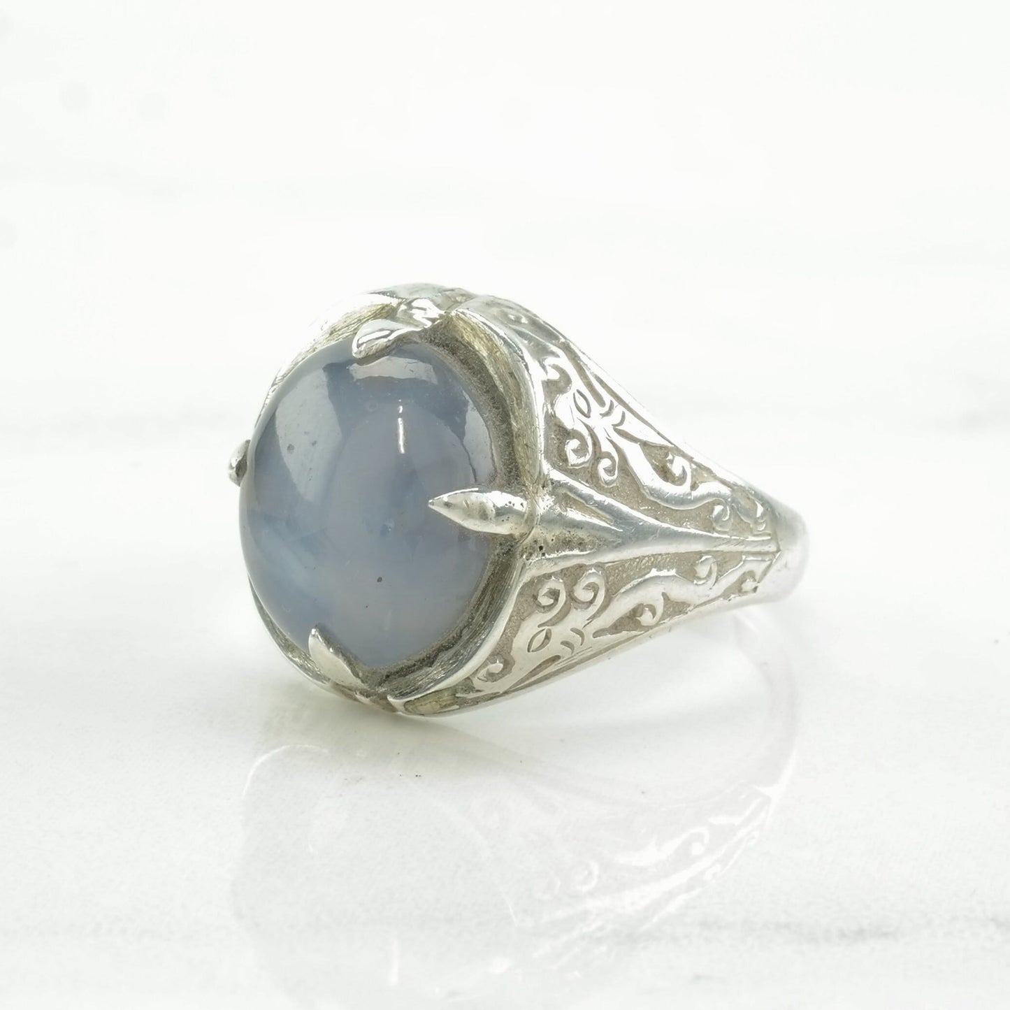 Antique, Chinese Silver Ring 12ct+ Natural Star Sapphire Sterling Size 8 1/2