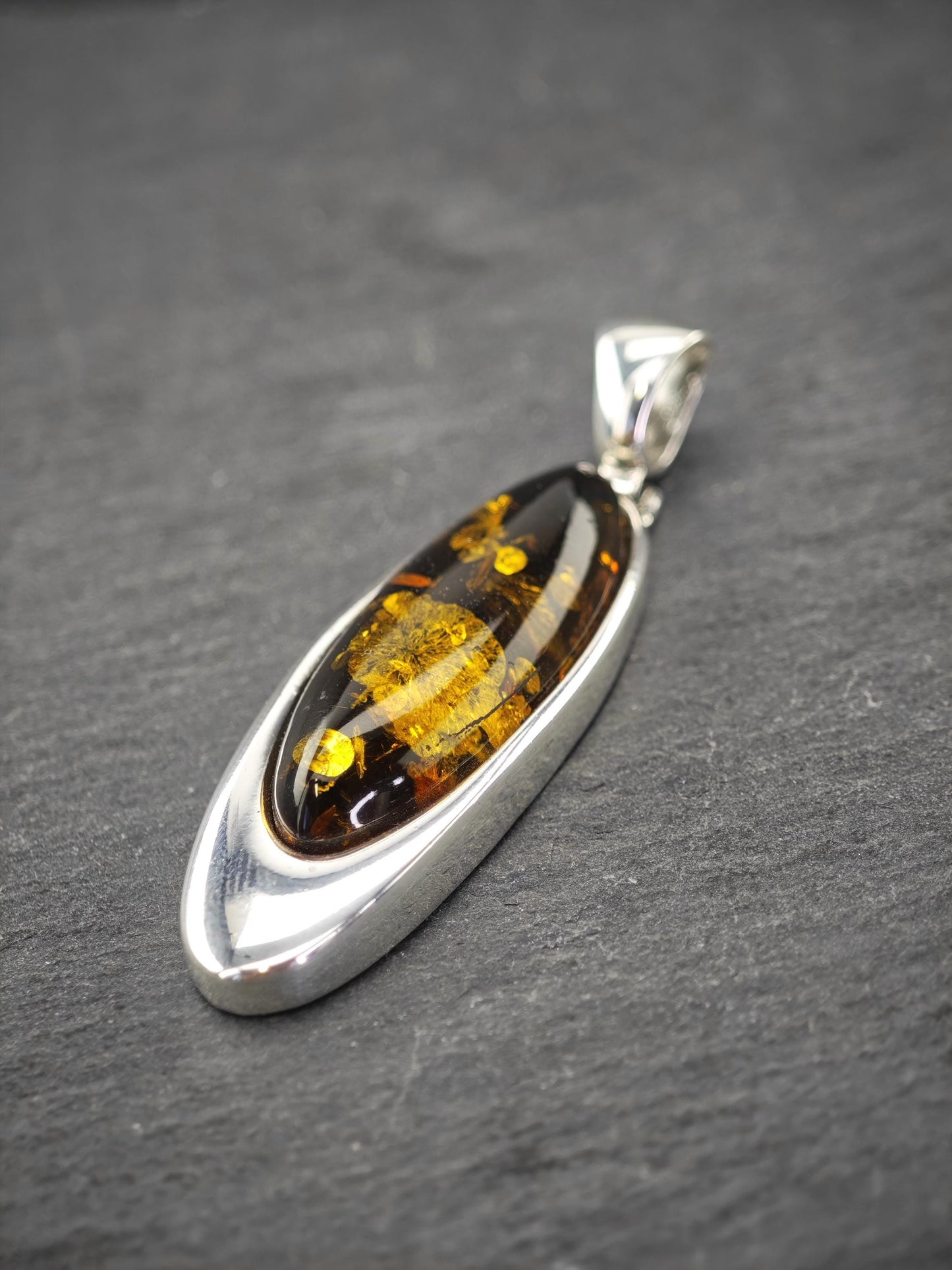 Vintage Modernist Amber Pendant, Poland Sterling Silver